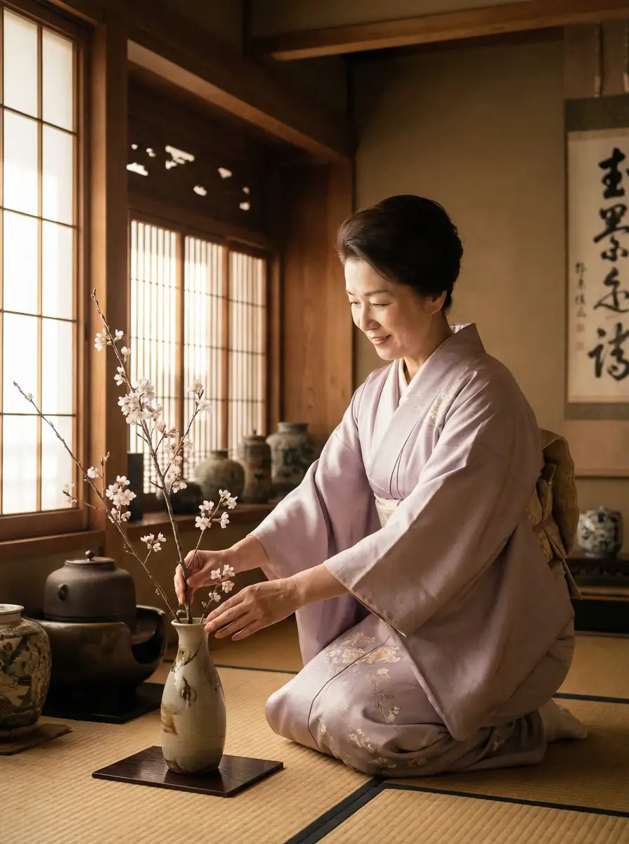 一位优雅的 每日黑料 在和室中插花